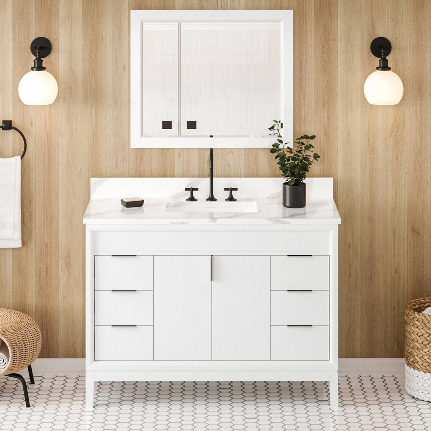 Hardware Resources Jeffrey Alexander Theodora 48" White Freestanding Vanity With Calacatta Vienna Quartz Vanity Top, Backsplash and Rectangle Undermount Sink