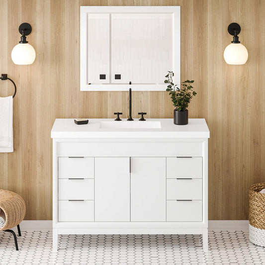 Hardware Resources Jeffrey Alexander Theodora 48" White Freestanding Vanity With Lavante Cultured Marble Vessel Vanity Top, Backsplash and Rectangle Undermount Sink