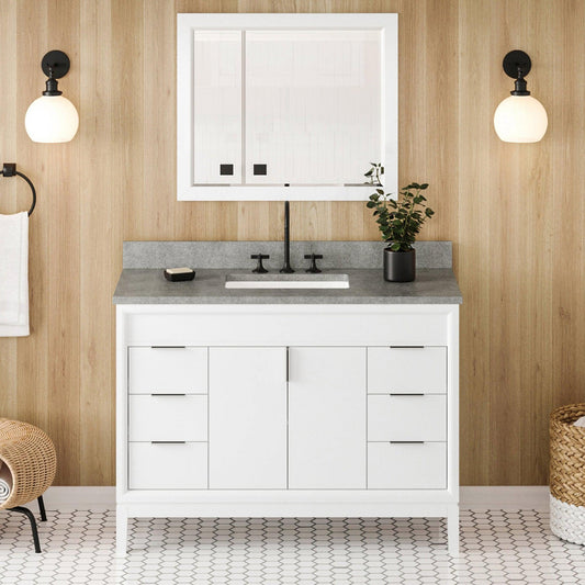 Hardware Resources Jeffrey Alexander Theodora 48" White Freestanding Vanity With Steel Gray Cultured Marble Vanity Top, Backsplash and Rectangle Undermount Sink