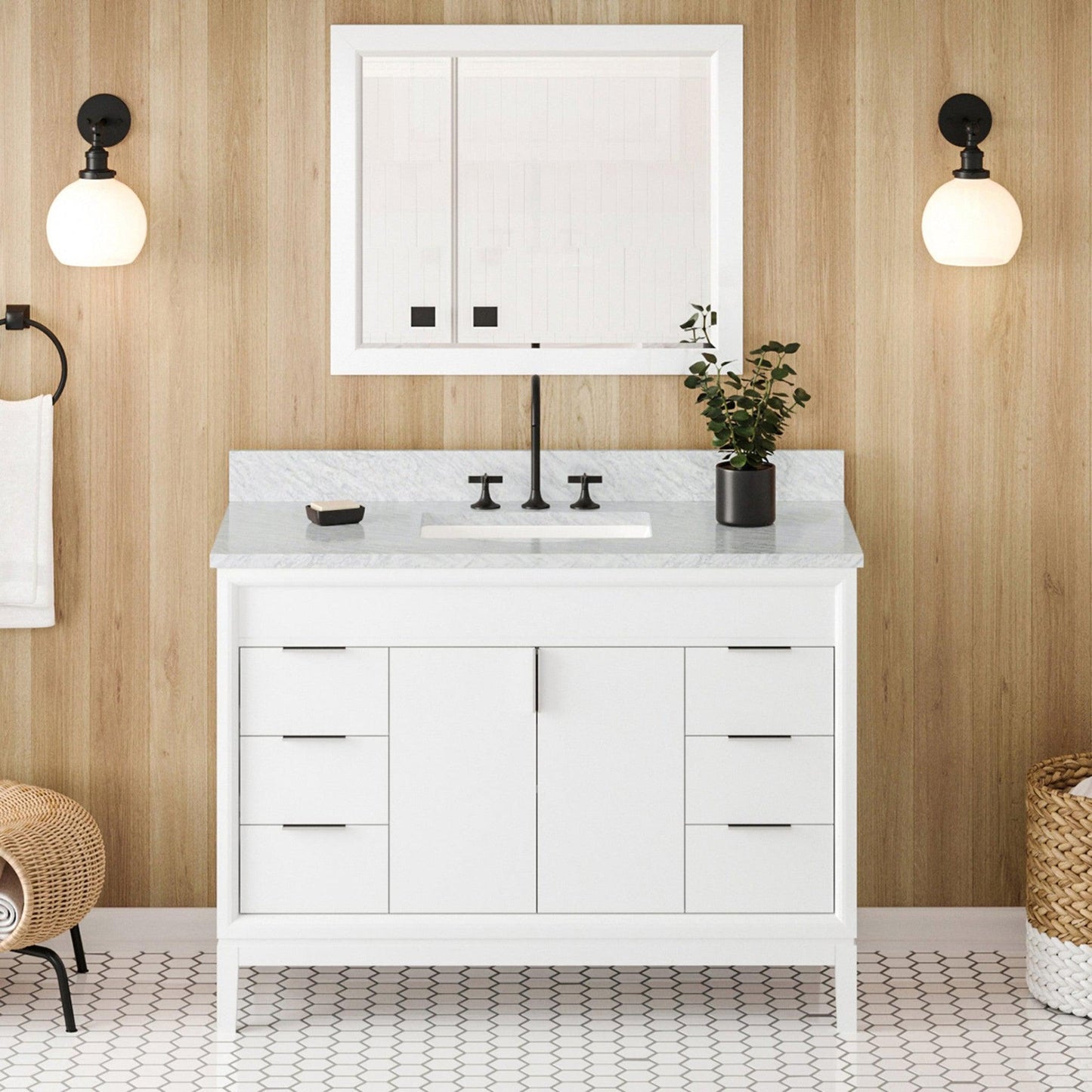 Hardware Resources Jeffrey Alexander Theodora 48" White Freestanding Vanity With White Carrara Marble Vanity Top, Backsplash and Rectangle Undermount Sink