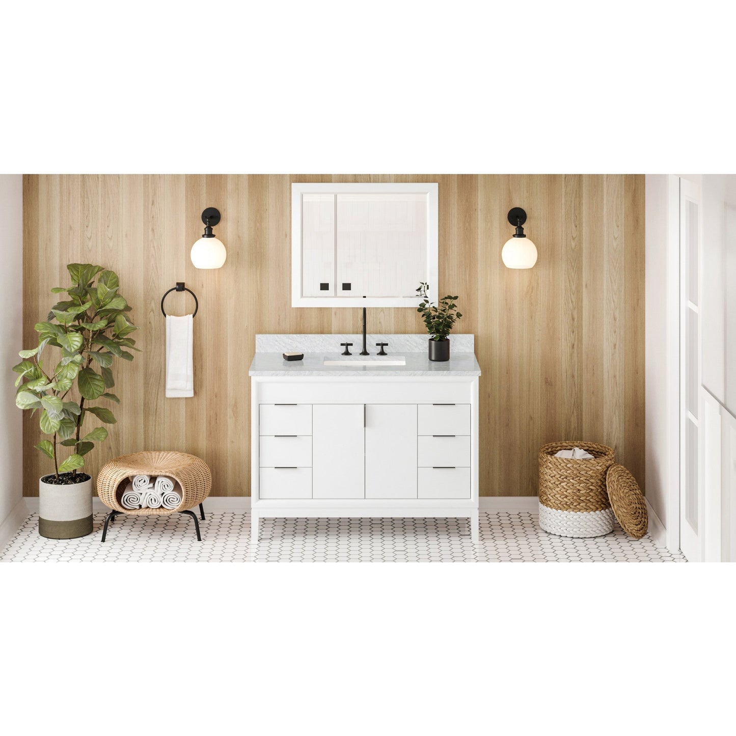 Hardware Resources Jeffrey Alexander Theodora 48" White Freestanding Vanity With White Carrara Marble Vanity Top, Backsplash and Rectangle Undermount Sink