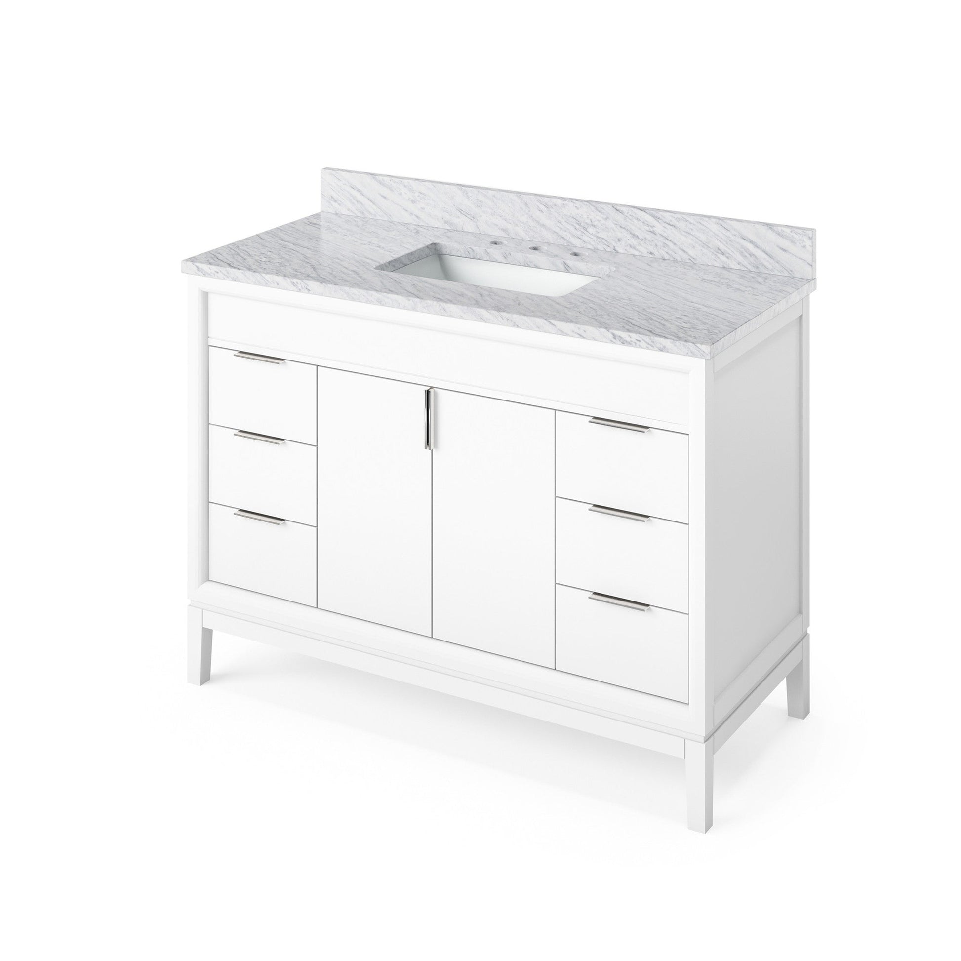 Hardware Resources Jeffrey Alexander Theodora 48" White Freestanding Vanity With White Carrara Marble Vanity Top, Backsplash and Rectangle Undermount Sink