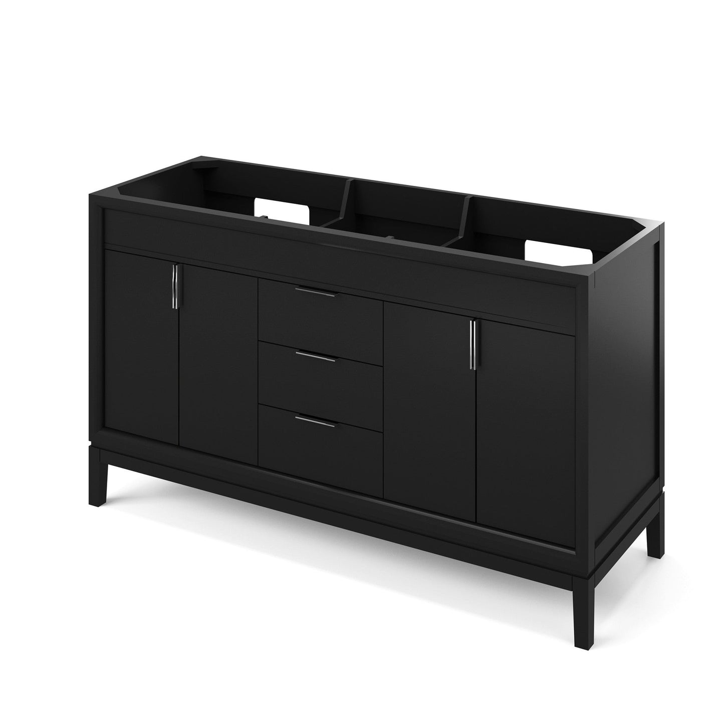 Hardware Resources Jeffrey Alexander Theodora 60" Black Freestanding Vanity With Double Bowl, Black Granite Vanity Top, Backsplash and Rectangle Undermount Sink