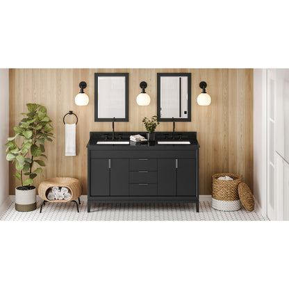 Hardware Resources Jeffrey Alexander Theodora 60" Black Freestanding Vanity With Double Bowl, Black Granite Vanity Top, Backsplash and Rectangle Undermount Sink