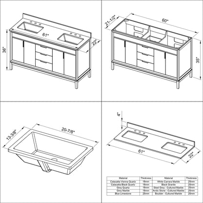 Hardware Resources Jeffrey Alexander Theodora 60" Black Freestanding Vanity With Double Bowl, Black Granite Vanity Top, Backsplash and Rectangle Undermount Sink