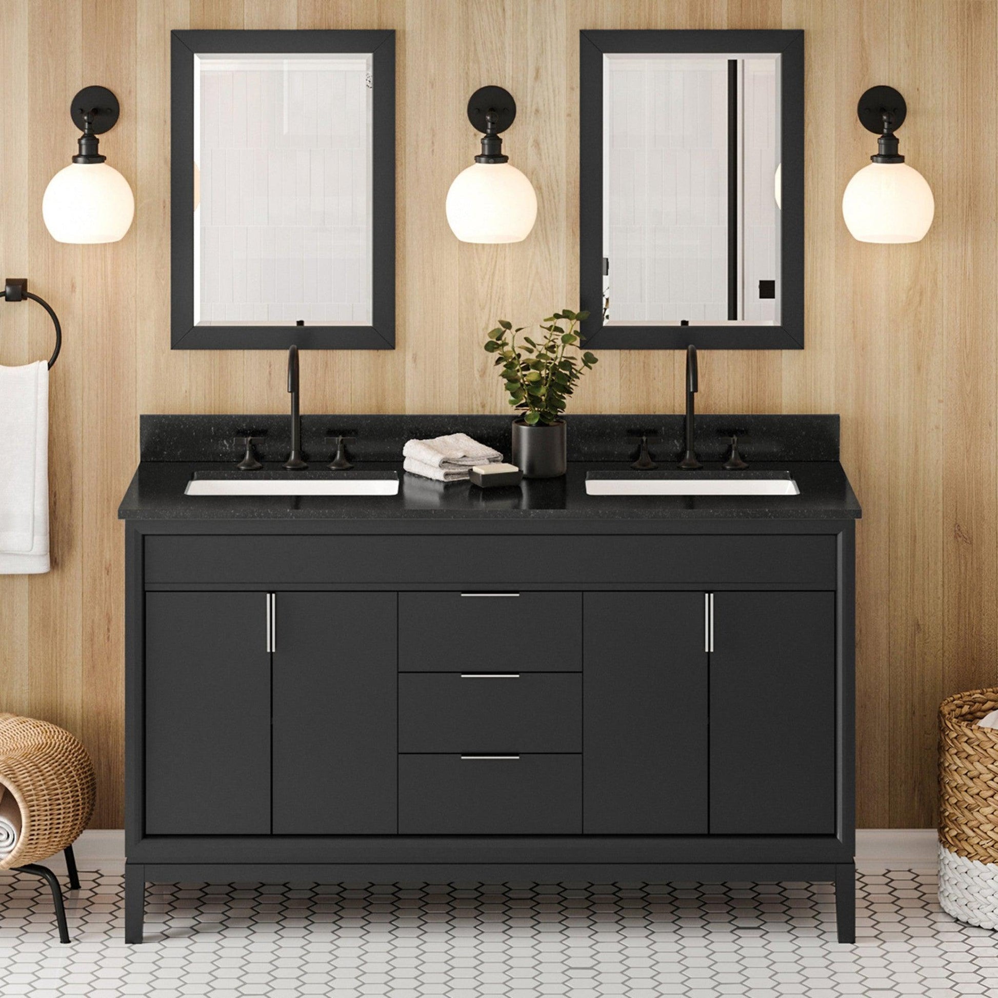 Hardware Resources Jeffrey Alexander Theodora 60" Black Freestanding Vanity With Double Bowl, Black Granite Vanity Top, Backsplash and Rectangle Undermount Sink