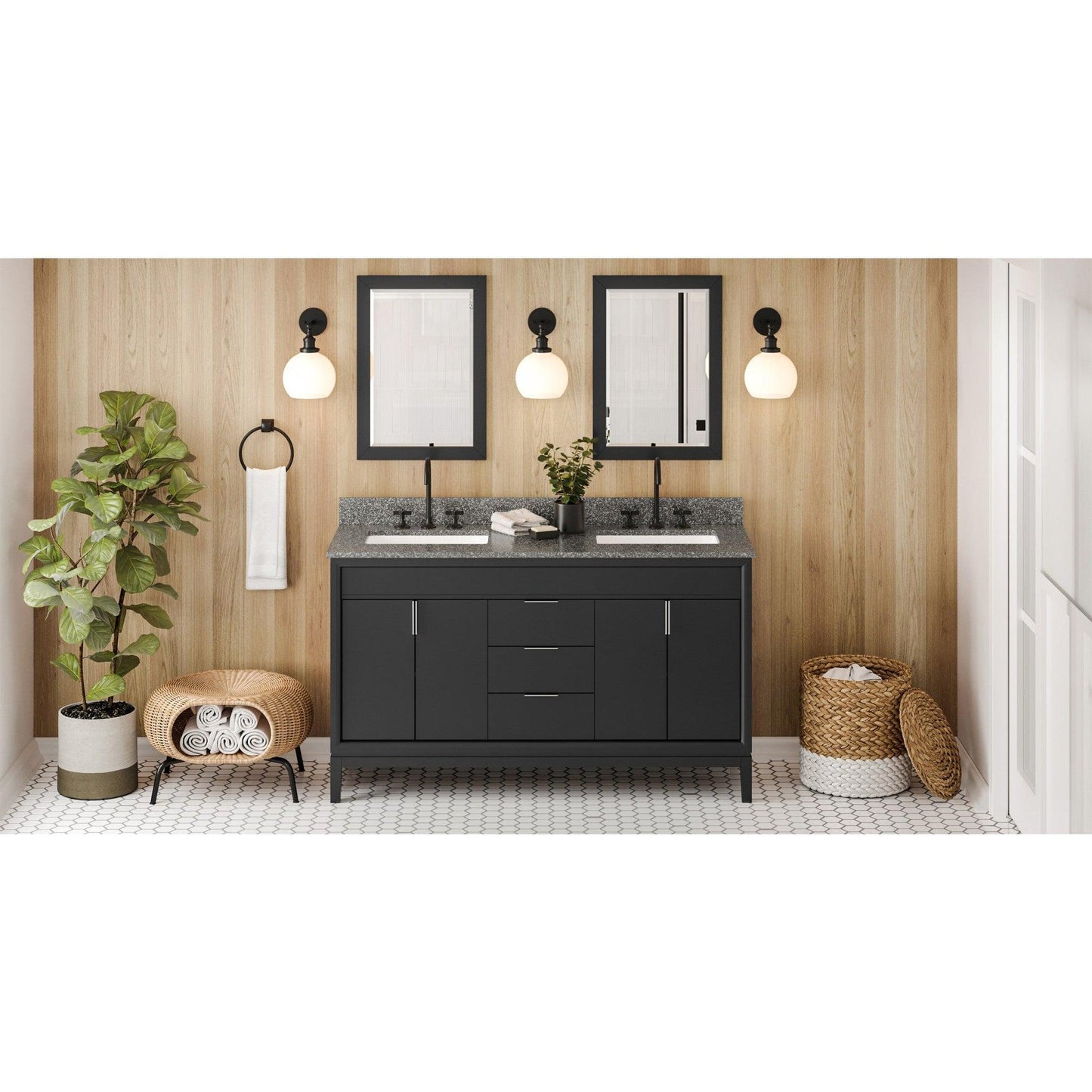 Hardware Resources Jeffrey Alexander Theodora 60" Black Freestanding Vanity With Double Bowl, Boulder Cultured Marble Vanity Top, Backsplash and Rectangle Undermount Sink