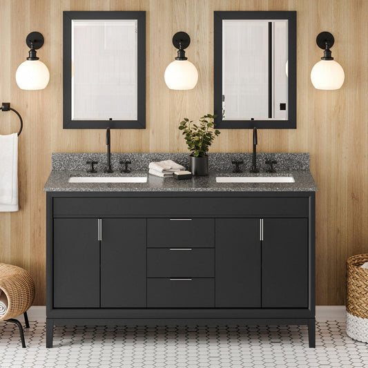 Hardware Resources Jeffrey Alexander Theodora 60" Black Freestanding Vanity With Double Bowl, Boulder Cultured Marble Vanity Top, Backsplash and Rectangle Undermount Sink