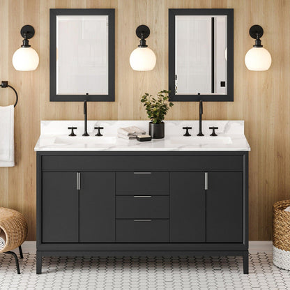 Hardware Resources Jeffrey Alexander Theodora 60" Black Freestanding Vanity With Double Bowl, Calacatta Vienna Quartz Vanity Top, Backsplash and Rectangle Undermount Sink