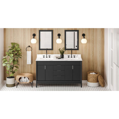 Hardware Resources Jeffrey Alexander Theodora 60" Black Freestanding Vanity With Double Bowl, Calacatta Vienna Quartz Vanity Top, Backsplash and Rectangle Undermount Sink