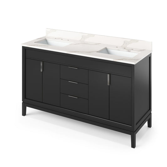 Hardware Resources Jeffrey Alexander Theodora 60" Black Freestanding Vanity With Double Bowl, Calacatta Vienna Quartz Vanity Top, Backsplash and Rectangle Undermount Sink