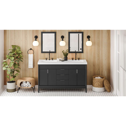 Hardware Resources Jeffrey Alexander Theodora 60" Black Freestanding Vanity With Double Bowl, Lavante Cultured Marble Vessel Vanity Top, Backsplash and Rectangle Undermount Sink