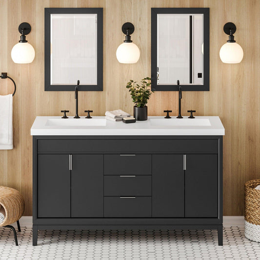 Hardware Resources Jeffrey Alexander Theodora 60" Black Freestanding Vanity With Double Bowl, Lavante Cultured Marble Vessel Vanity Top, Backsplash and Rectangle Undermount Sink