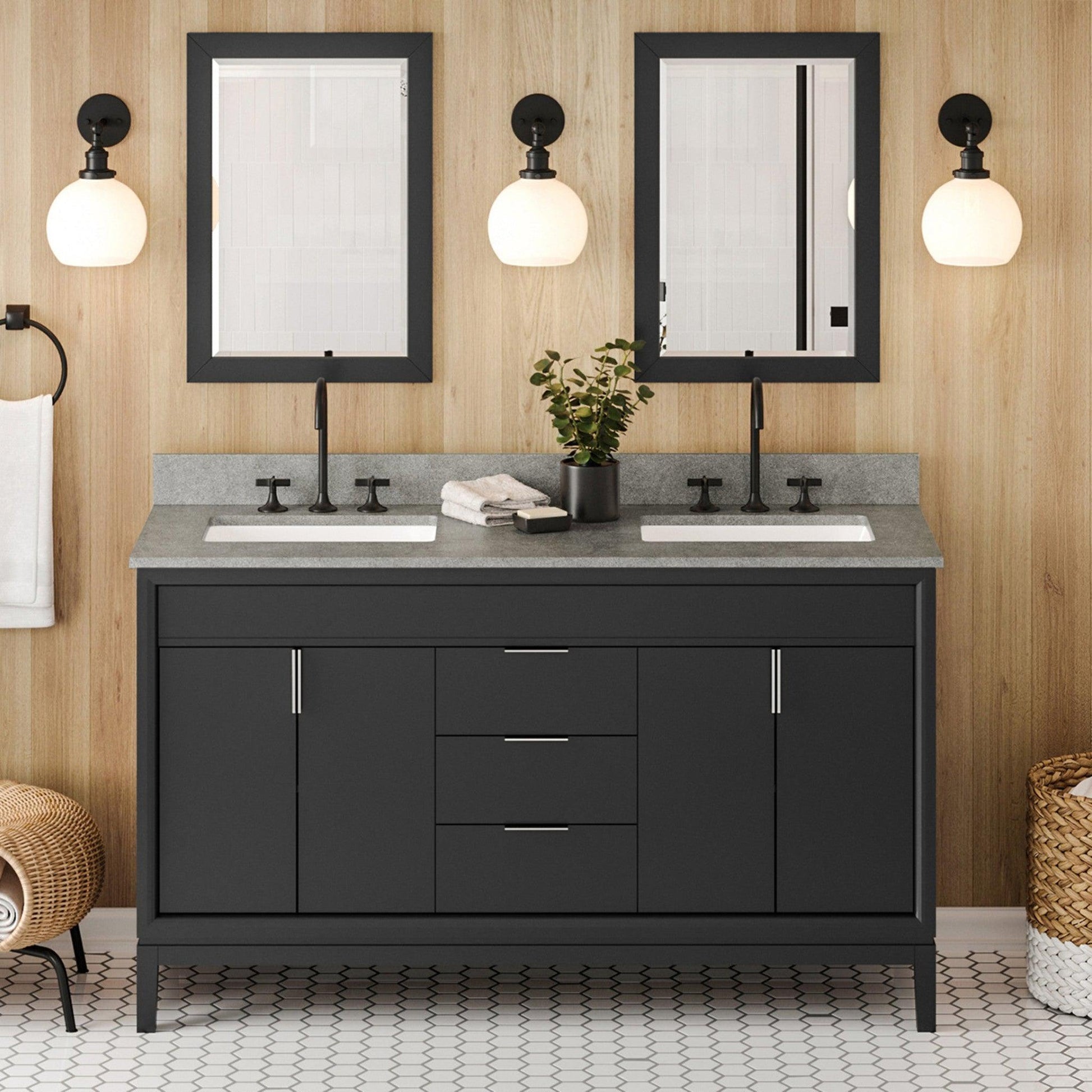 Hardware Resources Jeffrey Alexander Theodora 60" Black Freestanding Vanity With Double Bowl, Steel Gray Cultured Marble Vanity Top, Backsplash and Rectangle Undermount Sink