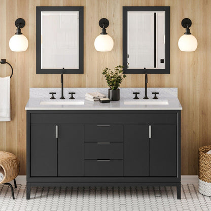 Hardware Resources Jeffrey Alexander Theodora 60" Black Freestanding Vanity With Double Bowl, White Carrara Marble Vanity Top, Backsplash and Rectangle Undermount Sink