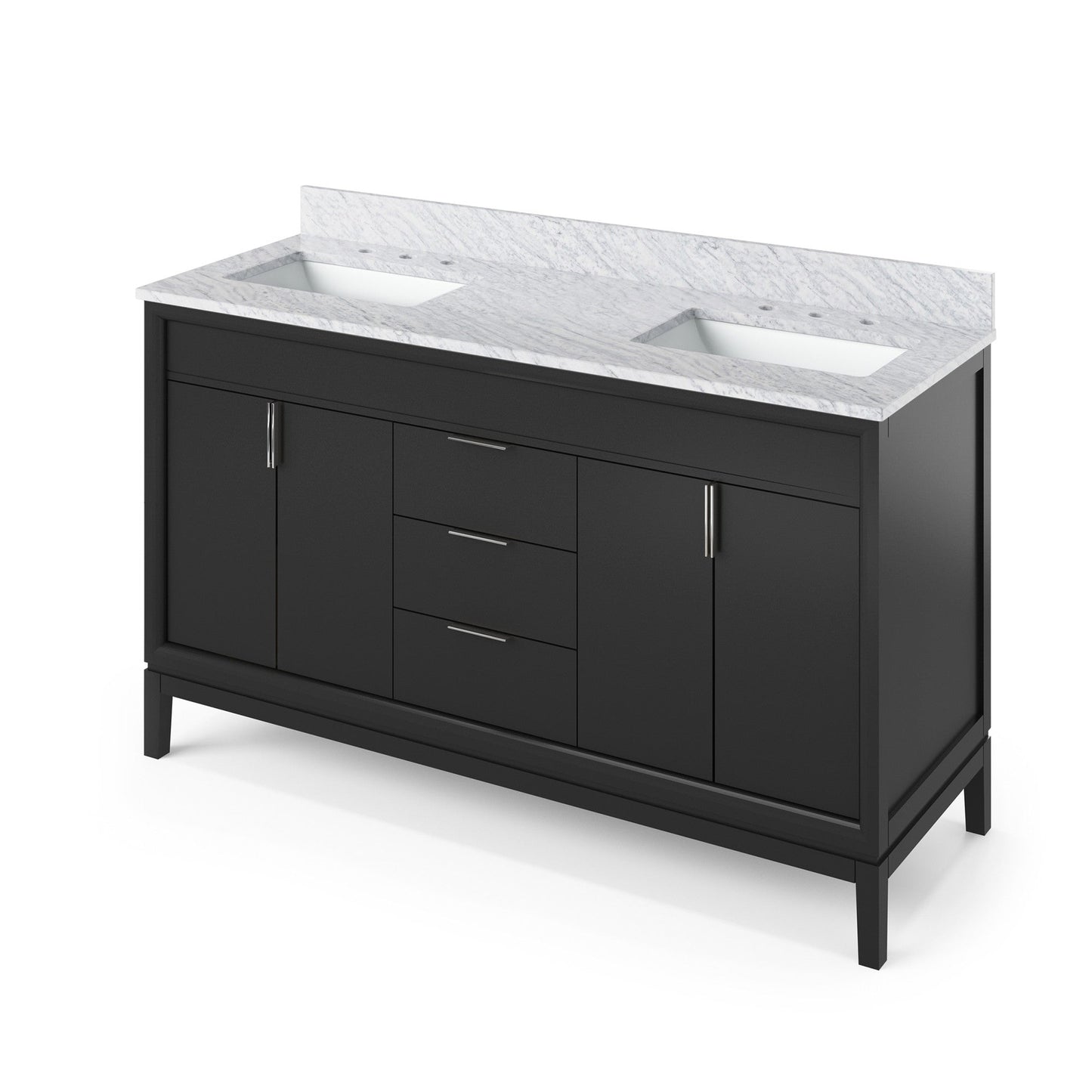 Hardware Resources Jeffrey Alexander Theodora 60" Black Freestanding Vanity With Double Bowl, White Carrara Marble Vanity Top, Backsplash and Rectangle Undermount Sink