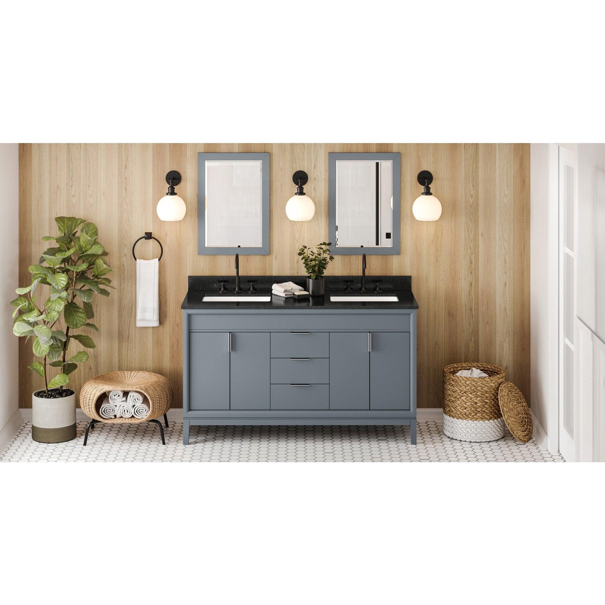 Hardware Resources Jeffrey Alexander Theodora 60" Blue Steel Freestanding Vanity With Double Bowl, Black Granite Vanity Top, Backsplash and Rectangle Undermount Sink