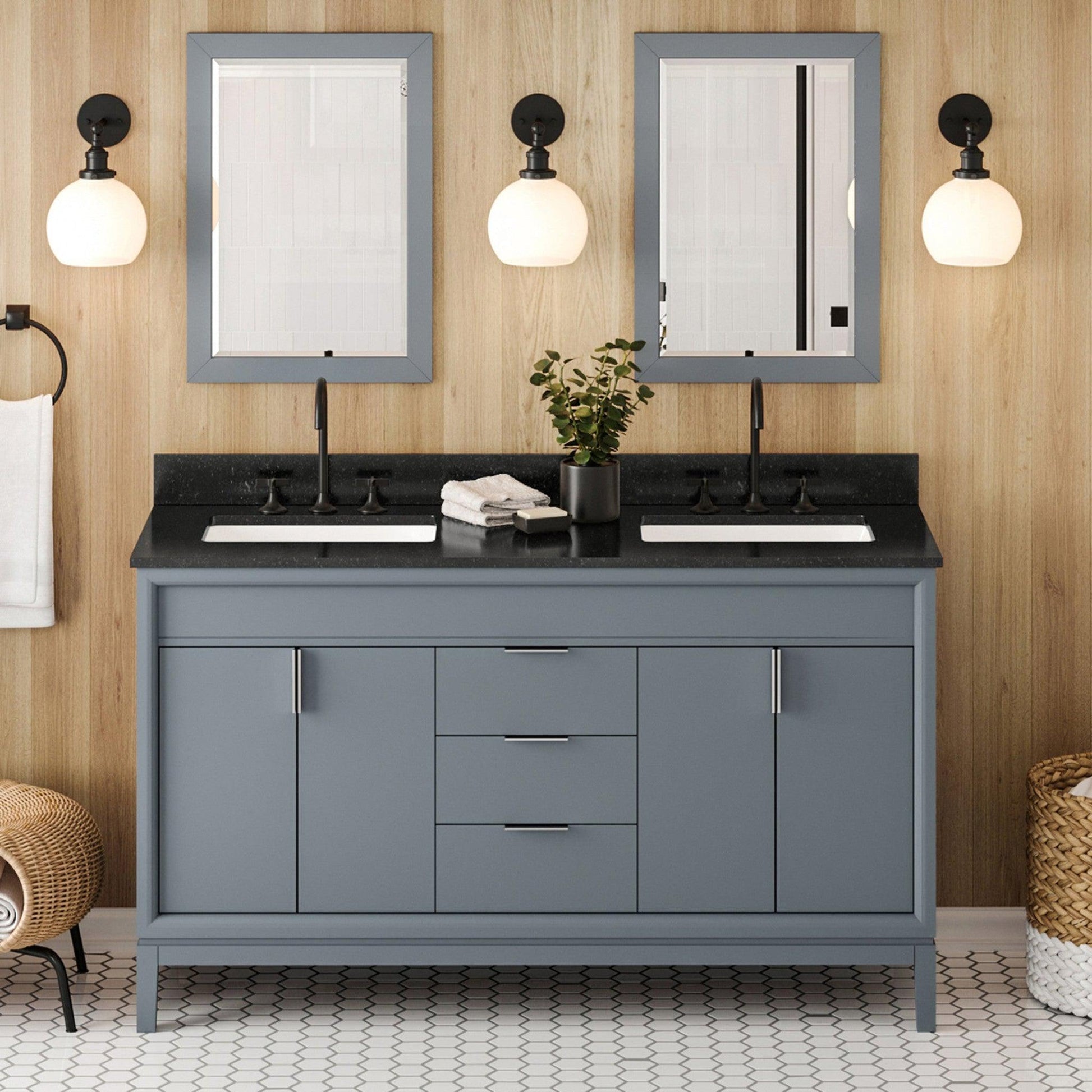 Hardware Resources Jeffrey Alexander Theodora 60" Blue Steel Freestanding Vanity With Double Bowl, Black Granite Vanity Top, Backsplash and Rectangle Undermount Sink