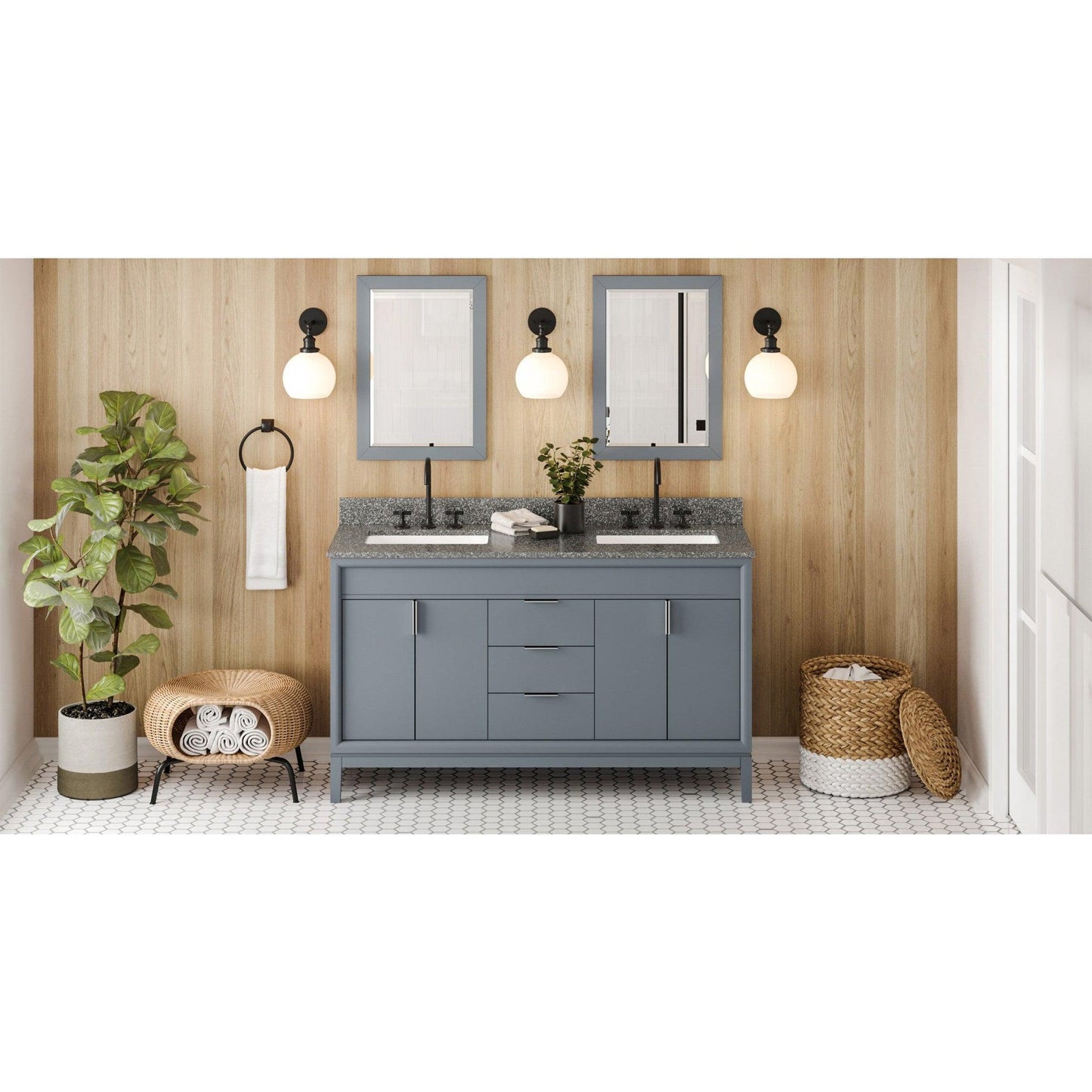 Hardware Resources Jeffrey Alexander Theodora 60" Blue Steel Freestanding Vanity With Double Bowl, Boulder Cultured Marble Vanity Top, Backsplash and Rectangle Undermount Sink