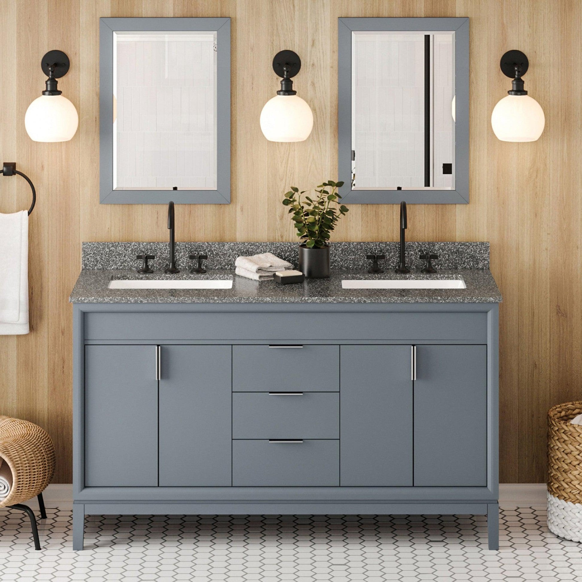 Hardware Resources Jeffrey Alexander Theodora 60" Blue Steel Freestanding Vanity With Double Bowl, Boulder Cultured Marble Vanity Top, Backsplash and Rectangle Undermount Sink