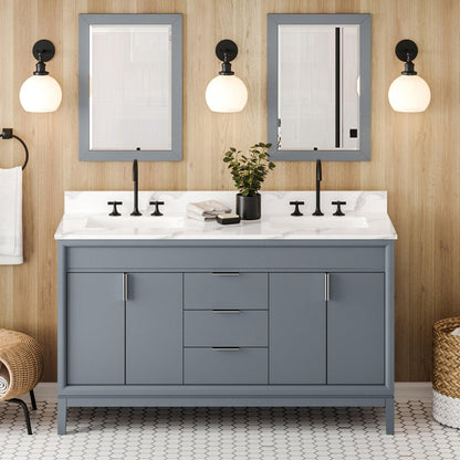 Hardware Resources Jeffrey Alexander Theodora 60" Blue Steel Freestanding Vanity With Double Bowl, Calacatta Vienna Quartz Vanity Top, Backsplash and Rectangle Undermount Sink