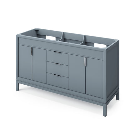 Hardware Resources Jeffrey Alexander Theodora 60" Blue Steel Freestanding Vanity With Double Bowl, Calacatta Vienna Quartz Vanity Top, Backsplash and Rectangle Undermount Sink