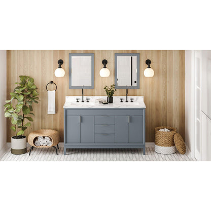 Hardware Resources Jeffrey Alexander Theodora 60" Blue Steel Freestanding Vanity With Double Bowl, Calacatta Vienna Quartz Vanity Top, Backsplash and Rectangle Undermount Sink