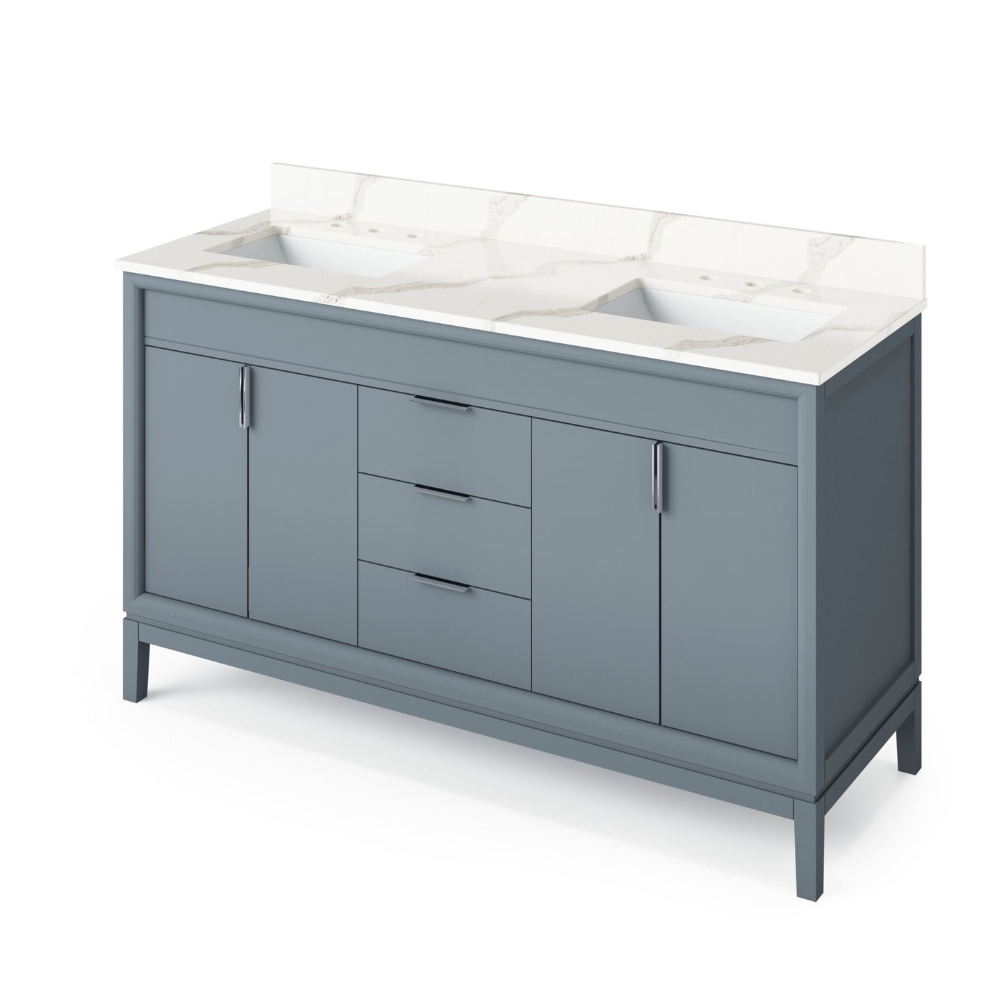 Hardware Resources Jeffrey Alexander Theodora 60" Blue Steel Freestanding Vanity With Double Bowl, Calacatta Vienna Quartz Vanity Top, Backsplash and Rectangle Undermount Sink