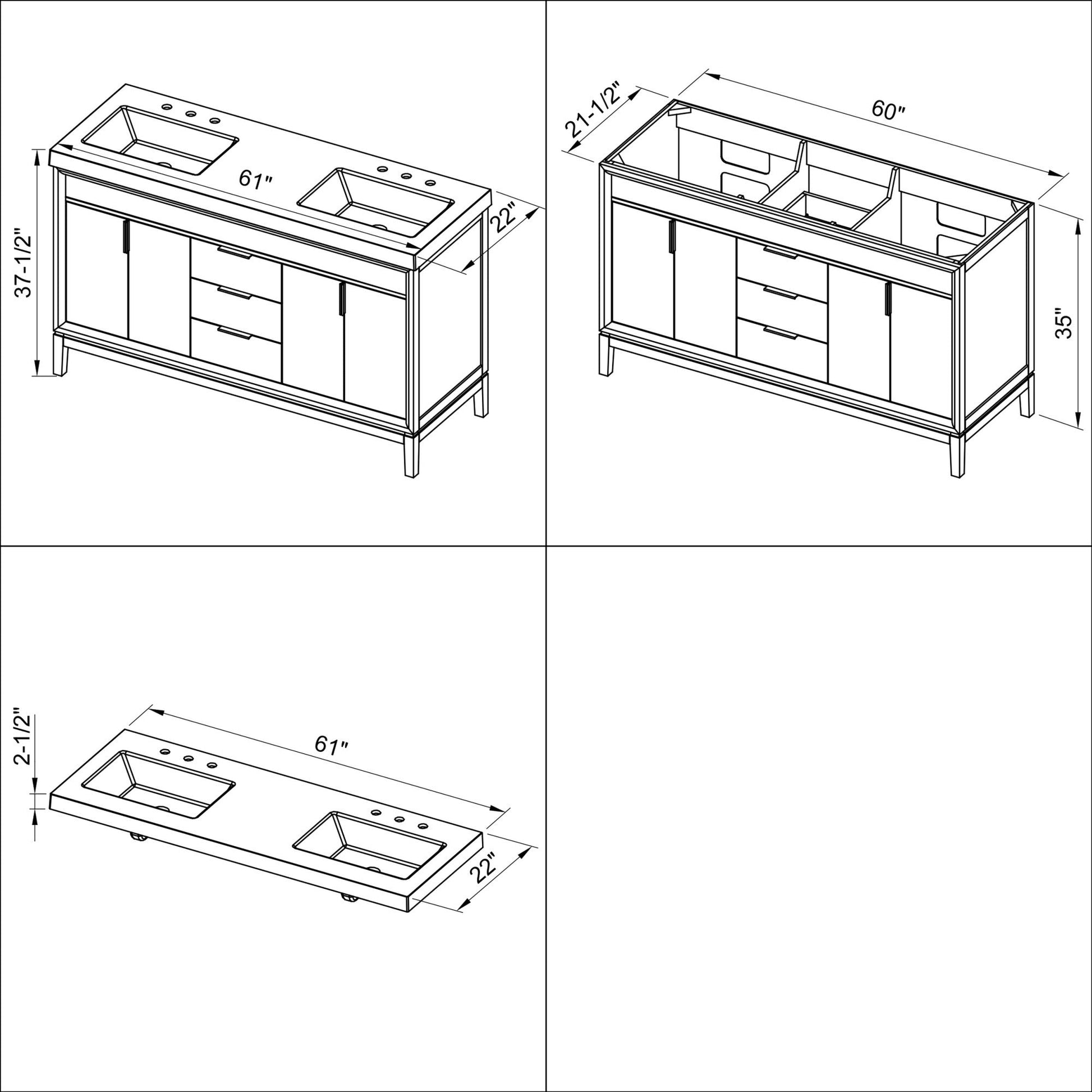 Hardware Resources Jeffrey Alexander Theodora 60" Blue Steel Freestanding Vanity With Double Bowl, Lavante Cultured Marble Vessel Vanity Top, Backsplash and Rectangle Undermount Sink