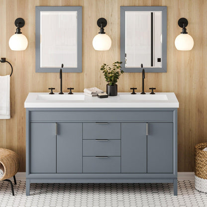 Hardware Resources Jeffrey Alexander Theodora 60" Blue Steel Freestanding Vanity With Double Bowl, Lavante Cultured Marble Vessel Vanity Top, Backsplash and Rectangle Undermount Sink