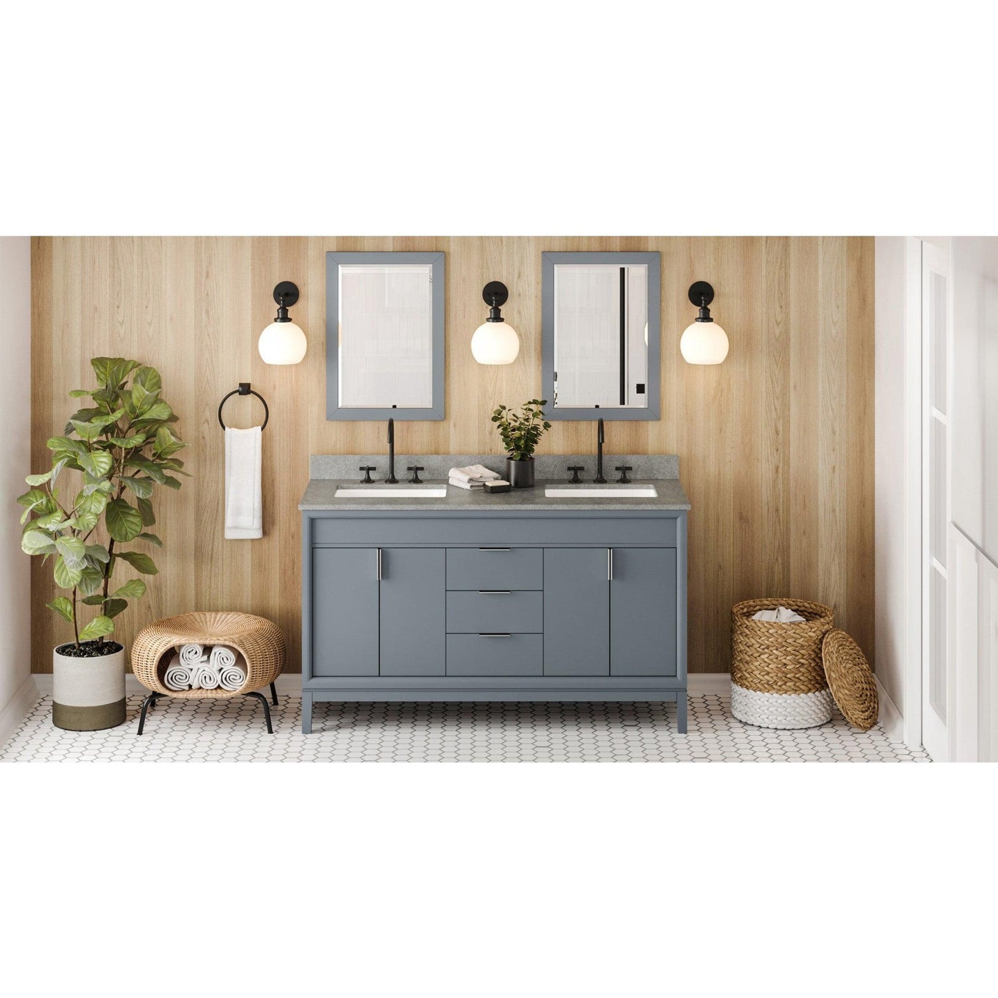 Hardware Resources Jeffrey Alexander Theodora 60" Blue Steel Freestanding Vanity With Double Bowl, Steel Gray Cultured Marble Vanity Top, Backsplash and Rectangle Undermount Sink