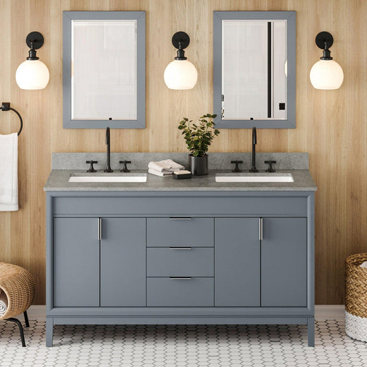 Hardware Resources Jeffrey Alexander Theodora 60" Blue Steel Freestanding Vanity With Double Bowl, Steel Gray Cultured Marble Vanity Top, Backsplash and Rectangle Undermount Sink