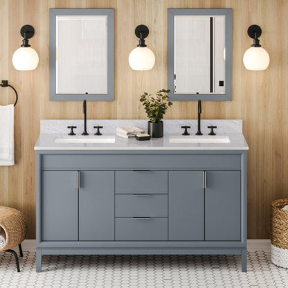 Hardware Resources Jeffrey Alexander Theodora 60" Blue Steel Freestanding Vanity With Double Bowl, White Carrara Marble Vanity Top, Backsplash and Rectangle Undermount Sink