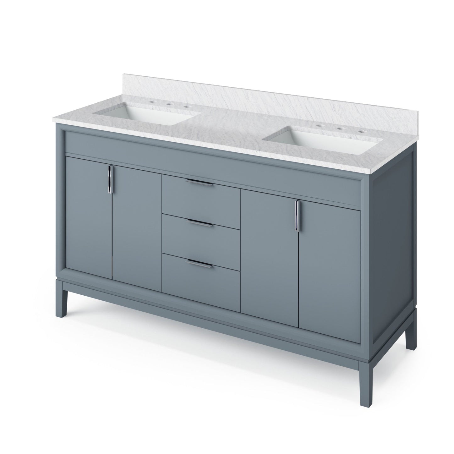 Hardware Resources Jeffrey Alexander Theodora 60" Blue Steel Freestanding Vanity With Double Bowl, White Carrara Marble Vanity Top, Backsplash and Rectangle Undermount Sink