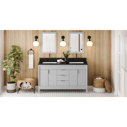 Hardware Resources Jeffrey Alexander Theodora 60" Grey Freestanding Vanity With Double Bowl, Black Granite Vanity Top, Backsplash and Rectangle Undermount Sink