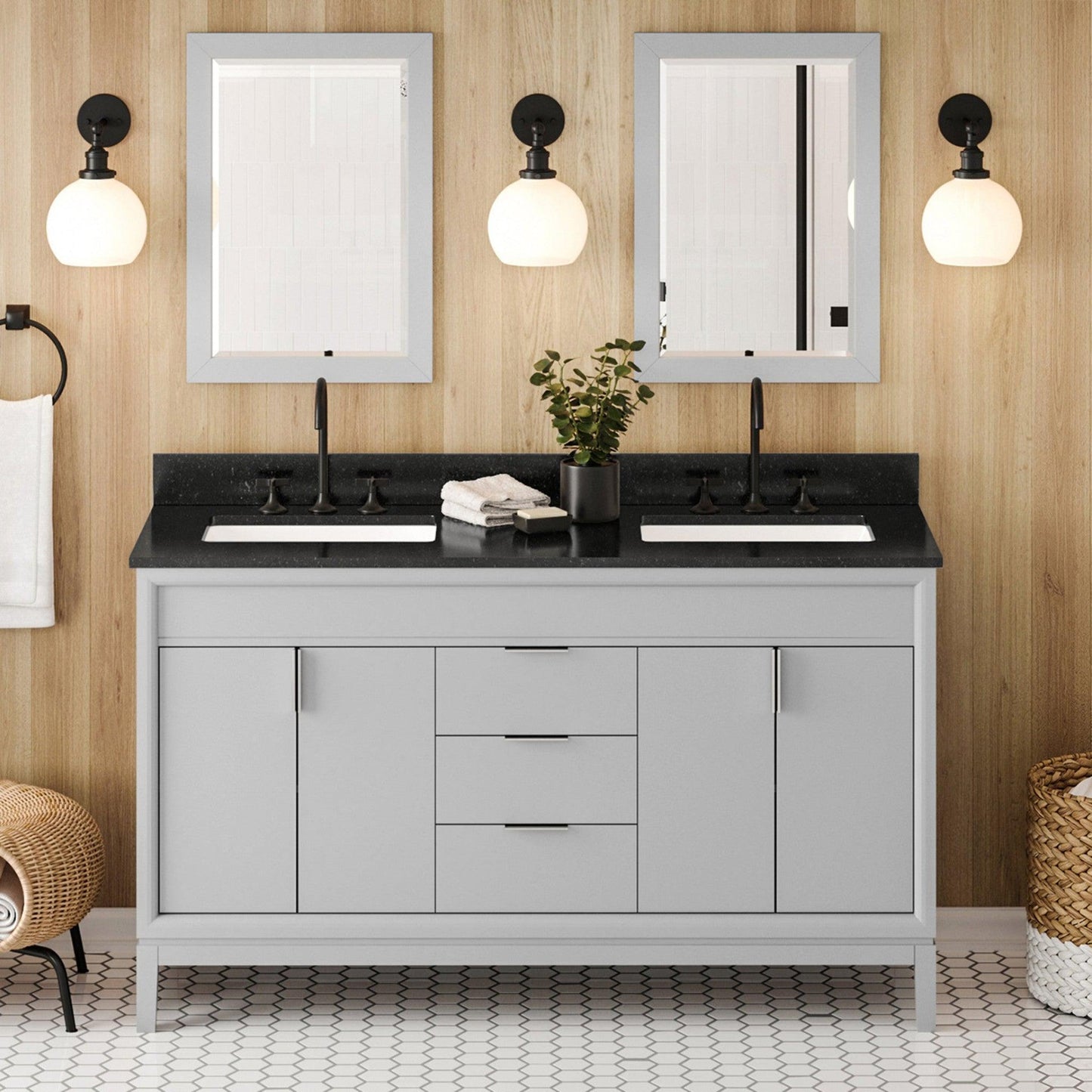 Hardware Resources Jeffrey Alexander Theodora 60" Grey Freestanding Vanity With Double Bowl, Black Granite Vanity Top, Backsplash and Rectangle Undermount Sink