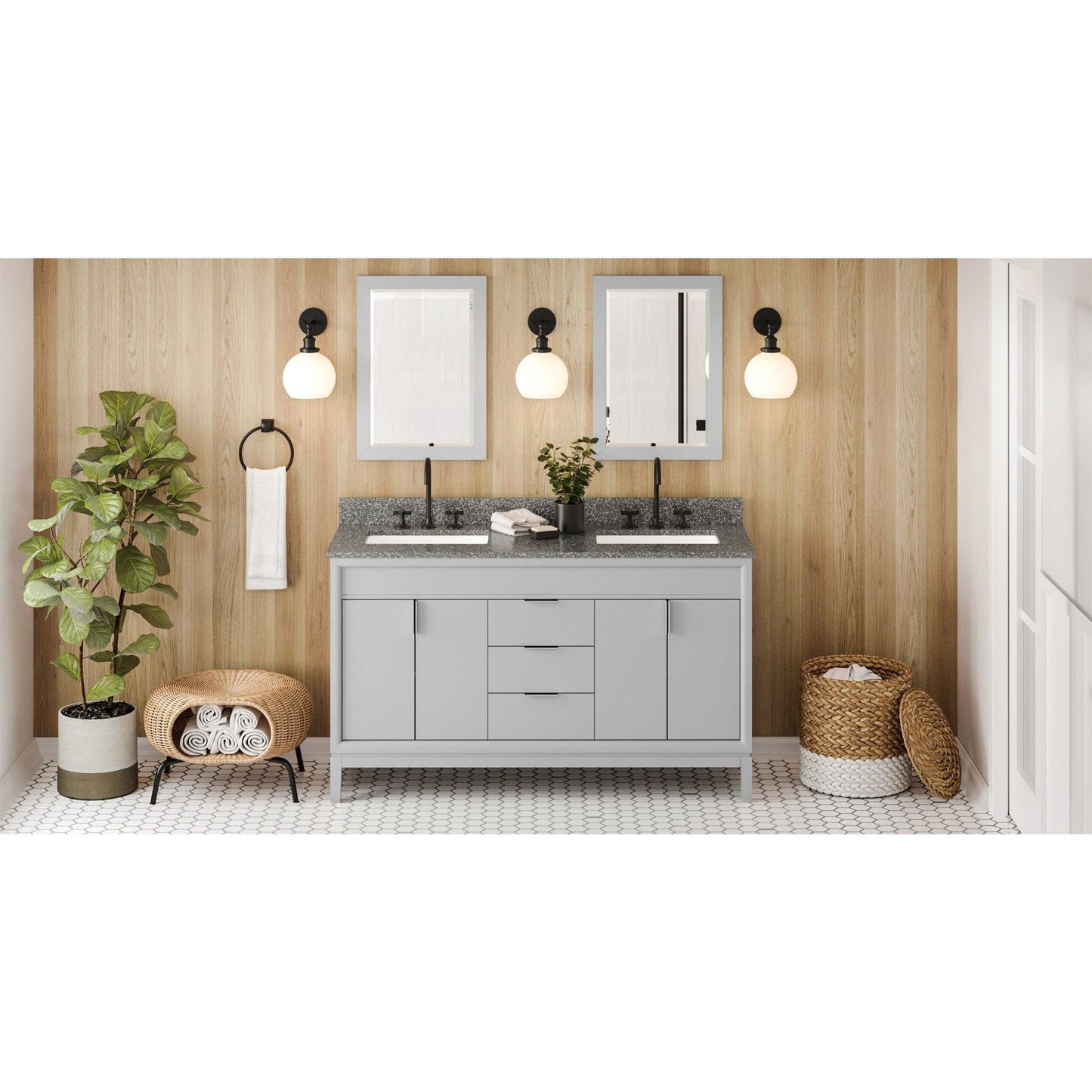 Hardware Resources Jeffrey Alexander Theodora 60" Grey Freestanding Vanity With Double Bowl, Boulder Cultured Marble Vanity Top, Backsplash and Rectangle Undermount Sink