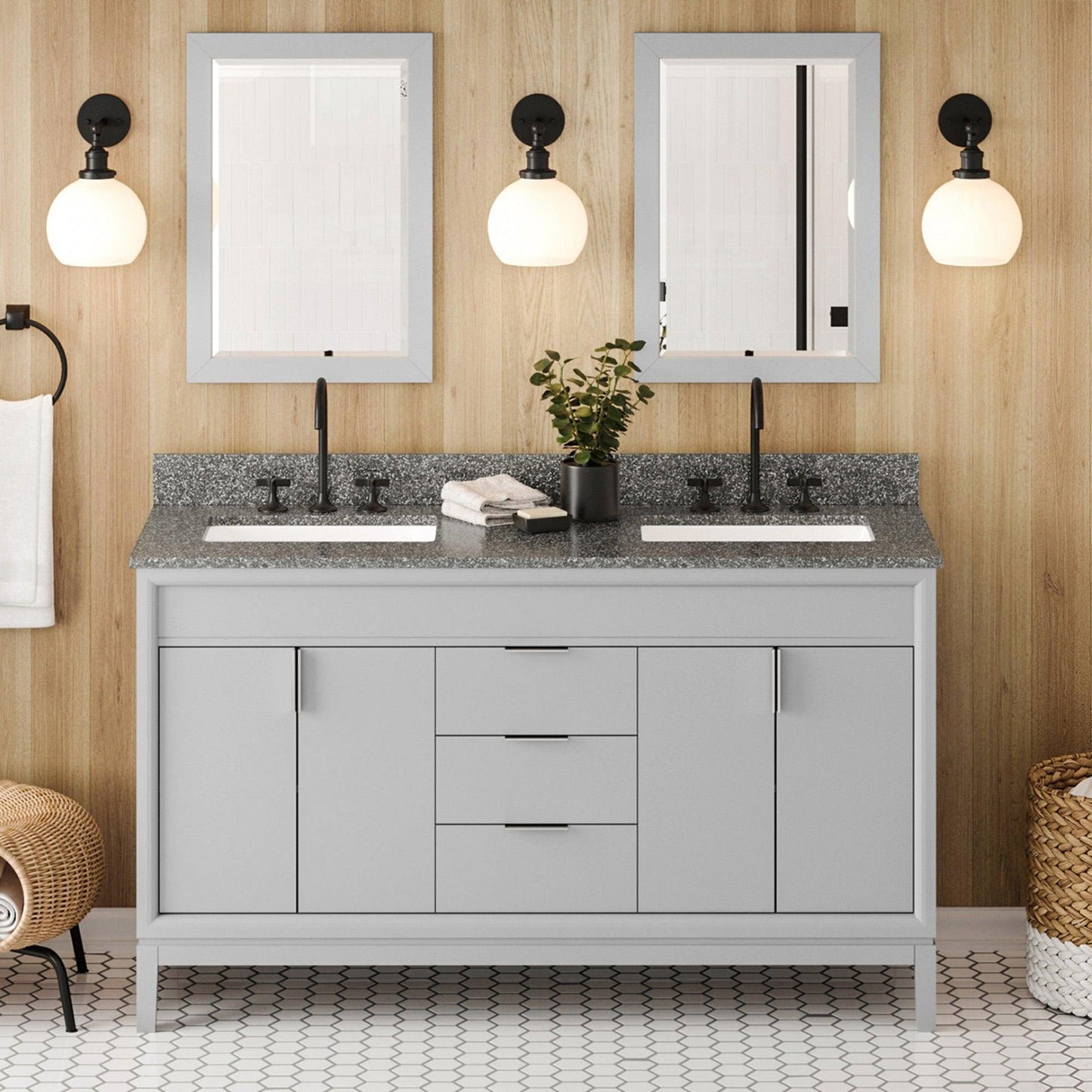 Hardware Resources Jeffrey Alexander Theodora 60" Grey Freestanding Vanity With Double Bowl, Boulder Cultured Marble Vanity Top, Backsplash and Rectangle Undermount Sink