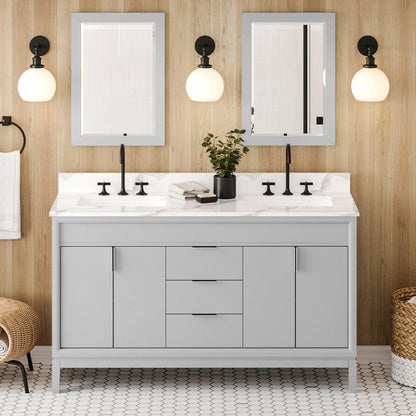 Hardware Resources Jeffrey Alexander Theodora 60" Grey Freestanding Vanity With Double Bowl, Calacatta Vienna Quartz Vanity Top, Backsplash and Rectangle Undermount Sink