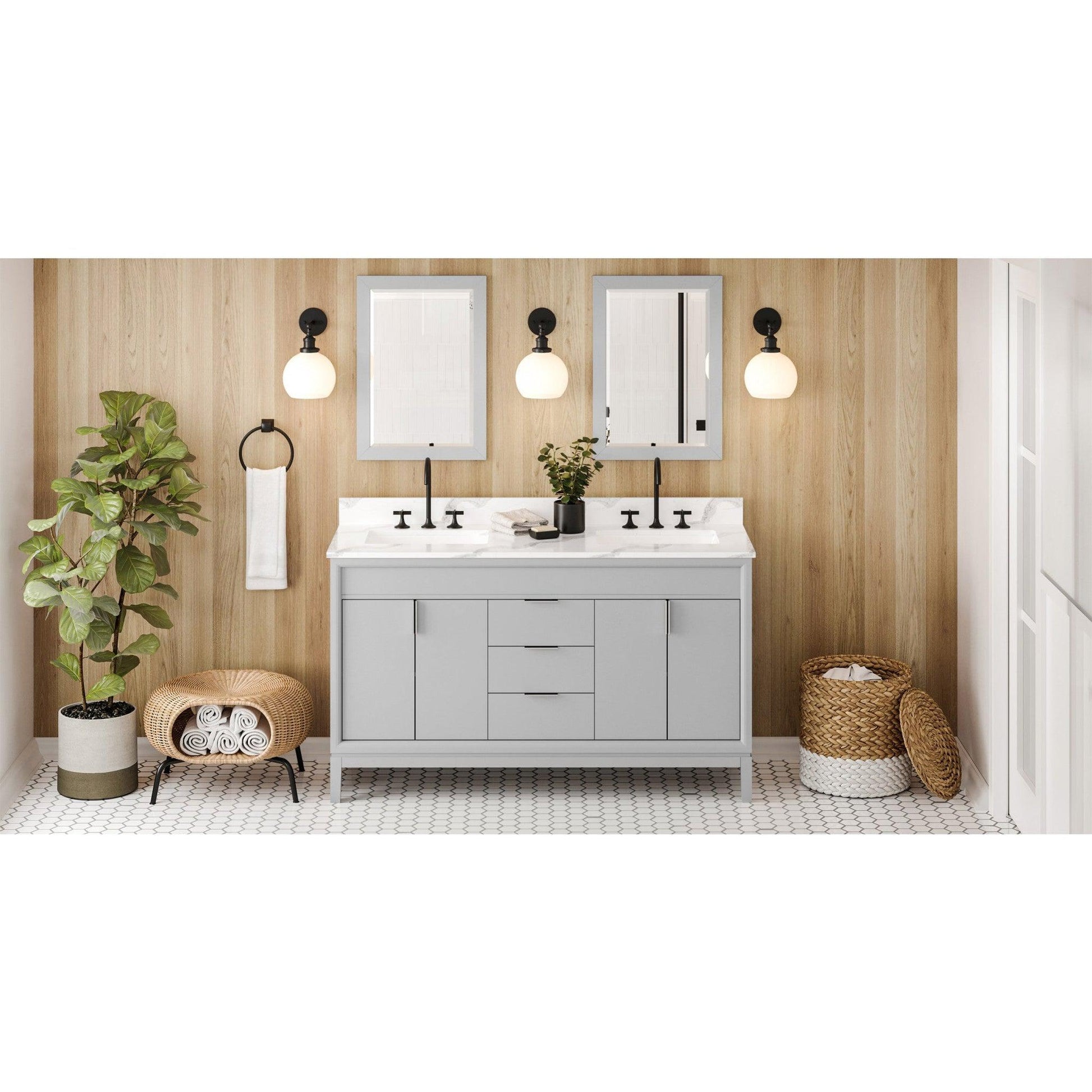 Hardware Resources Jeffrey Alexander Theodora 60" Grey Freestanding Vanity With Double Bowl, Calacatta Vienna Quartz Vanity Top, Backsplash and Rectangle Undermount Sink