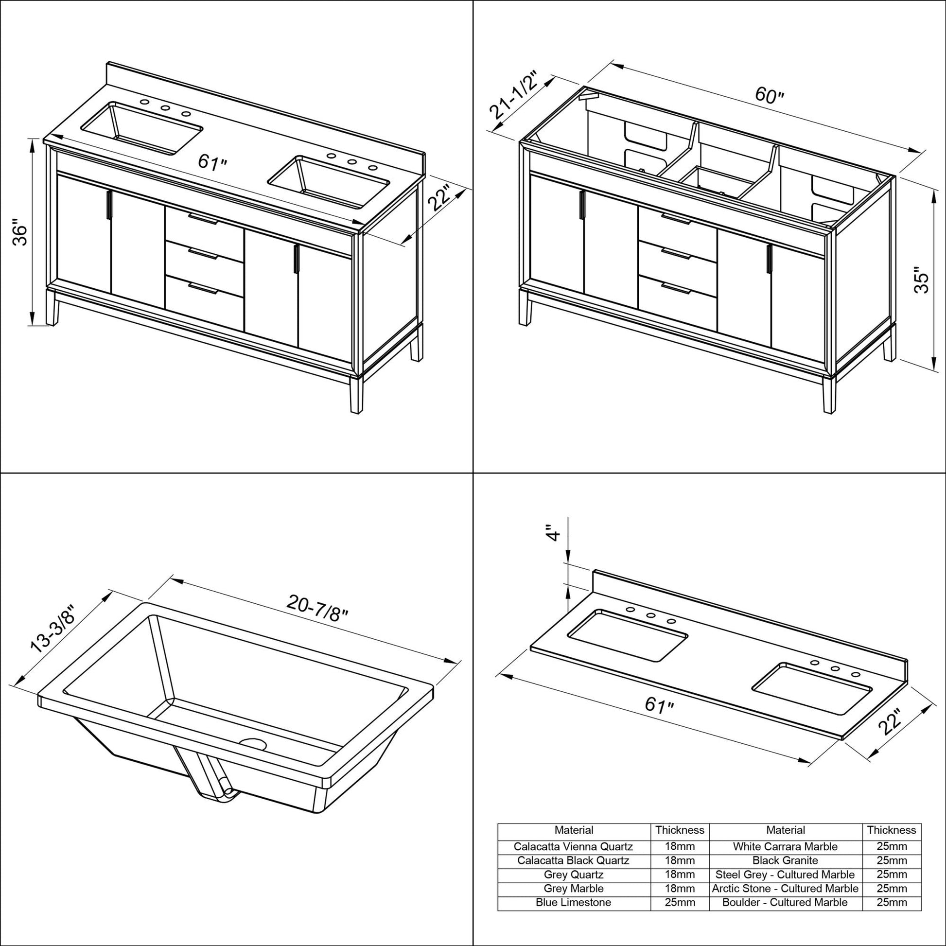 Hardware Resources Jeffrey Alexander Theodora 60" Grey Freestanding Vanity With Double Bowl, Calacatta Vienna Quartz Vanity Top, Backsplash and Rectangle Undermount Sink