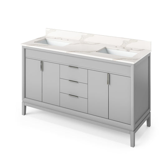 Hardware Resources Jeffrey Alexander Theodora 60" Grey Freestanding Vanity With Double Bowl, Calacatta Vienna Quartz Vanity Top, Backsplash and Rectangle Undermount Sink