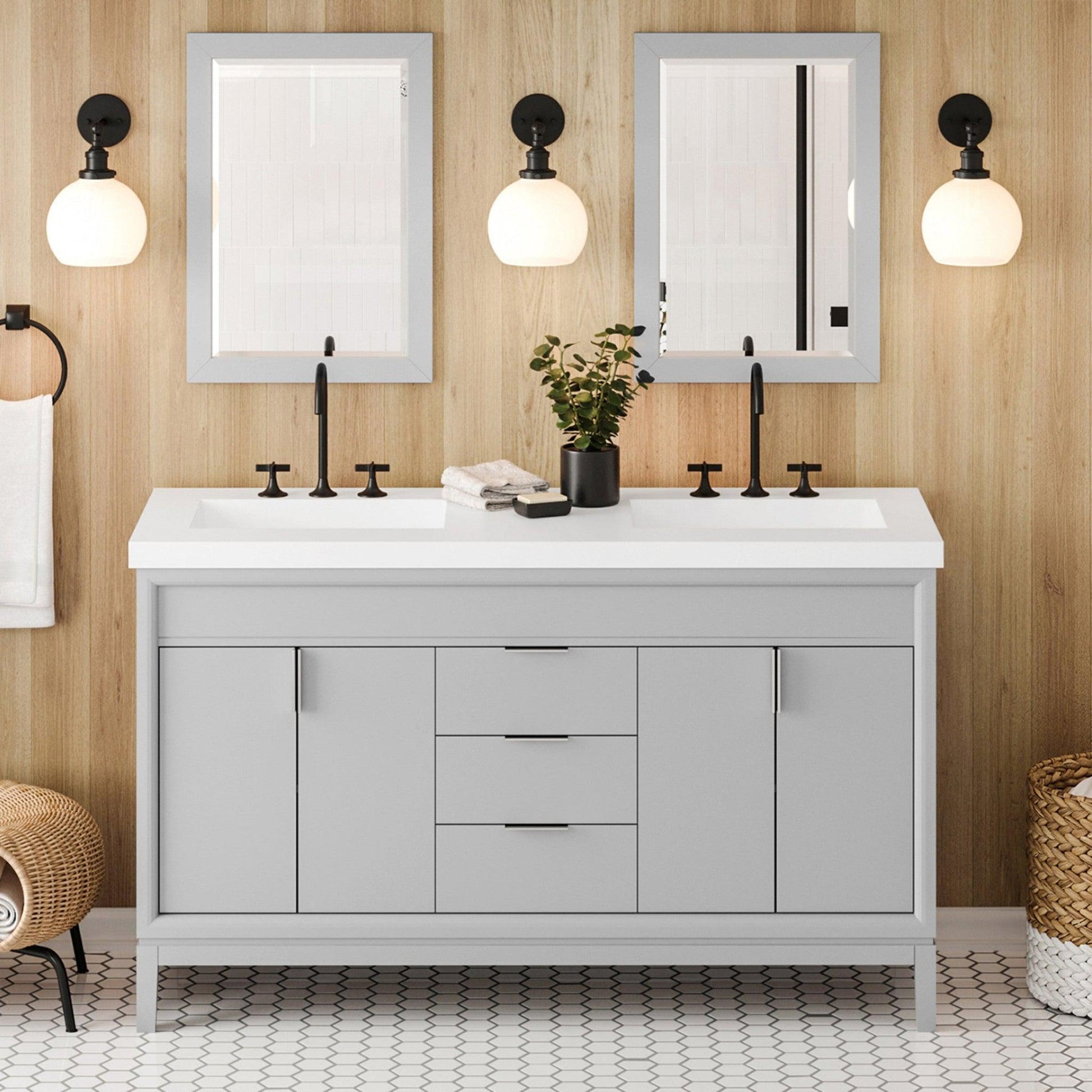 Hardware Resources Jeffrey Alexander Theodora 60" Grey Freestanding Vanity With Double Bowl, Lavante Cultured Marble Vessel Vanity Top, Backsplash and Rectangle Undermount Sink