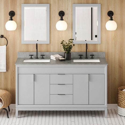 Hardware Resources Jeffrey Alexander Theodora 60" Grey Freestanding Vanity With Double Bowl, Steel Gray Cultured Marble Vanity Top, Backsplash and Rectangle Undermount Sink