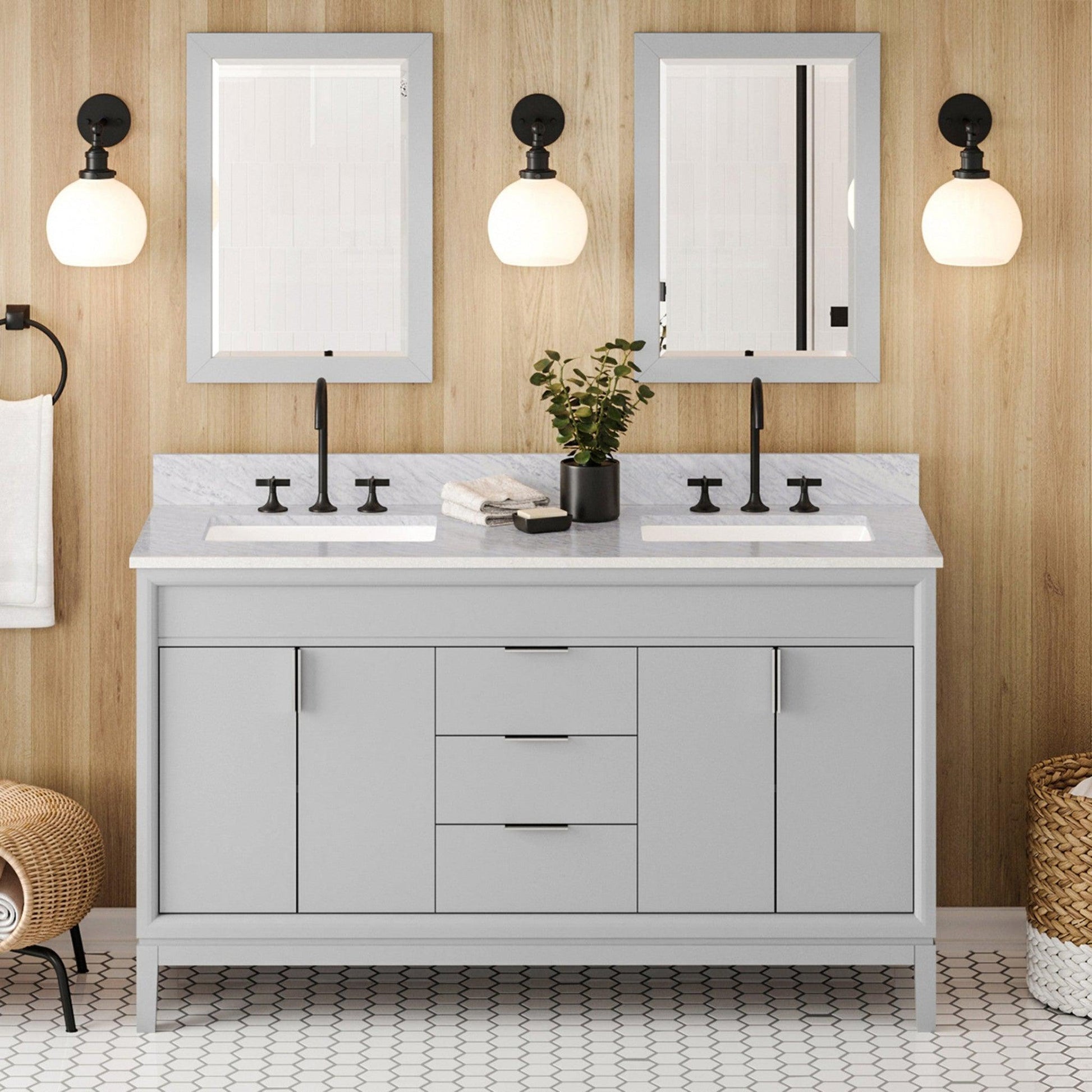 Hardware Resources Jeffrey Alexander Theodora 60" Grey Freestanding Vanity With Double Bowl, White Carrara Marble Vanity Top, Backsplash and Rectangle Undermount Sink