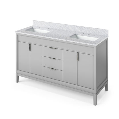 Hardware Resources Jeffrey Alexander Theodora 60" Grey Freestanding Vanity With Double Bowl, White Carrara Marble Vanity Top, Backsplash and Rectangle Undermount Sink