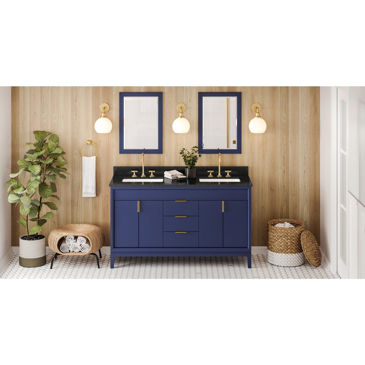 Hardware Resources Jeffrey Alexander Theodora 60" Hale Blue Freestanding Vanity With Double Bowl, Black Granite Vanity Top, Backsplash and Rectangle Undermount Sink