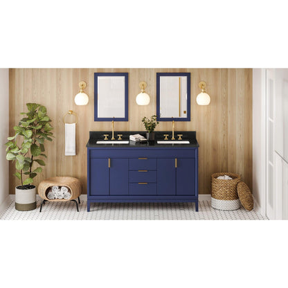 Hardware Resources Jeffrey Alexander Theodora 60" Hale Blue Freestanding Vanity With Double Bowl, Black Granite Vanity Top, Backsplash and Rectangle Undermount Sink