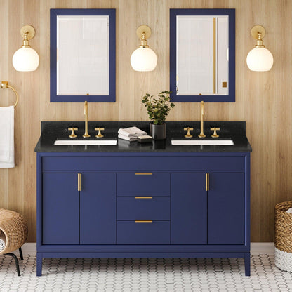 Hardware Resources Jeffrey Alexander Theodora 60" Hale Blue Freestanding Vanity With Double Bowl, Black Granite Vanity Top, Backsplash and Rectangle Undermount Sink