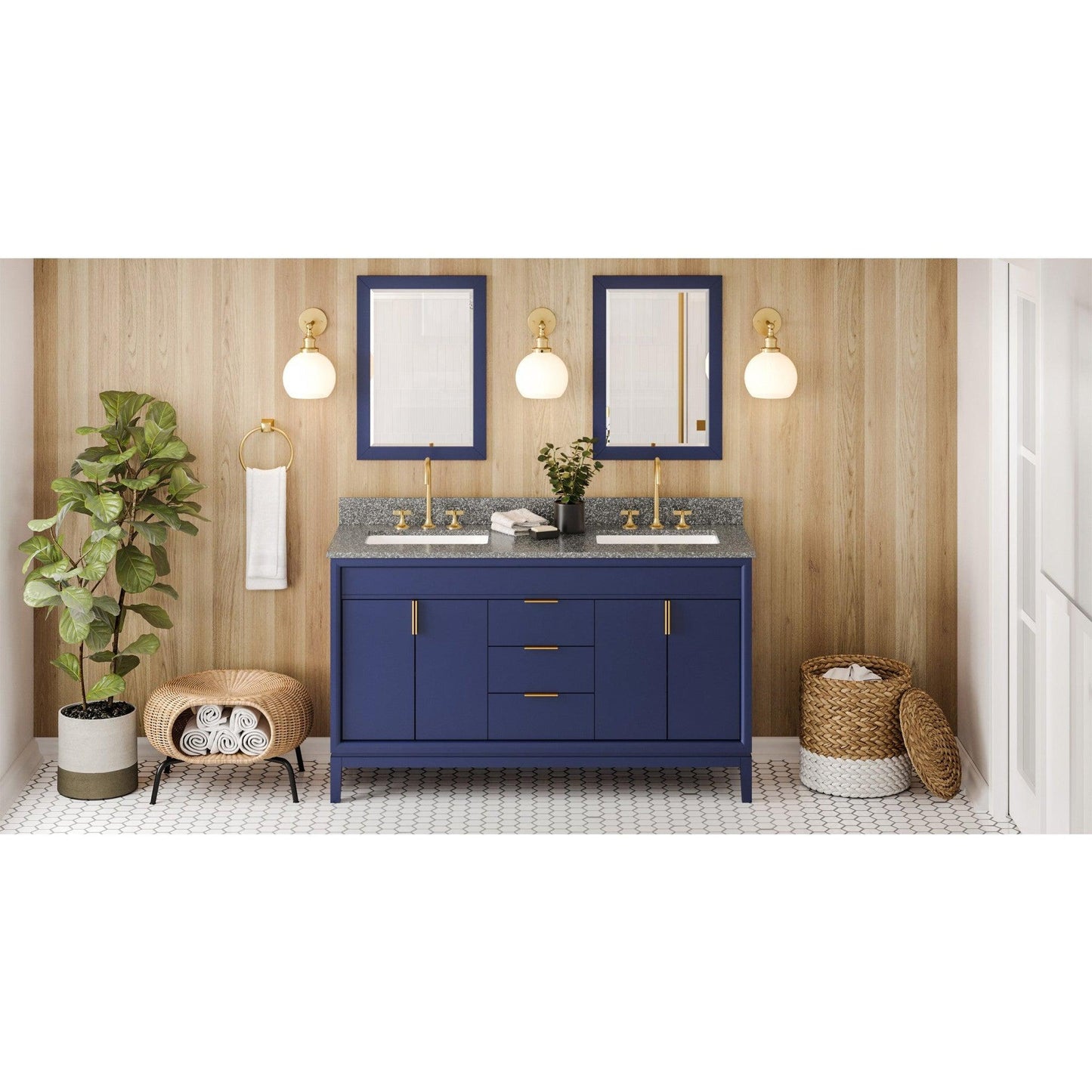 Hardware Resources Jeffrey Alexander Theodora 60" Hale Blue Freestanding Vanity With Double Bowl, Boulder Cultured Marble Vanity Top, Backsplash and Rectangle Undermount Sink